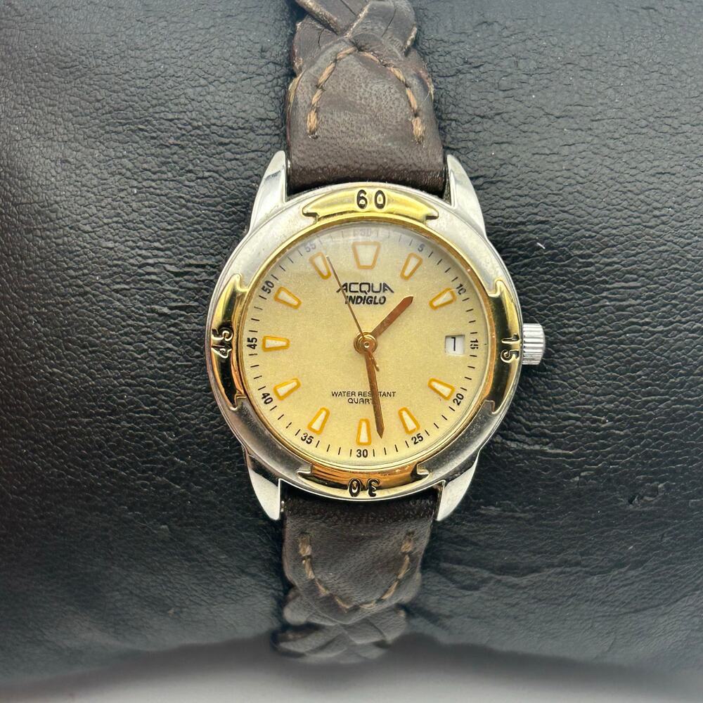 ACQUA Indiglo Women's Watch Gold Silver Tone Brown Leather Band New Battery